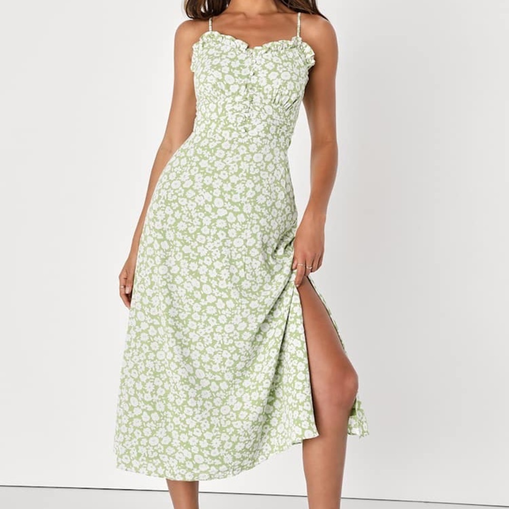 Lulu's Light Green Floral Spaghetti-Strap Midi Dress